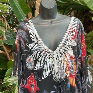 Signature beat it in sequin collar, dark floral, sheer swimsuit, cover-up